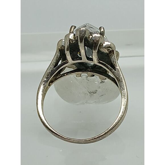 Vintage Jewelry Marcasite Sterling Silver Solitaire Simulated Diamond Ring SZ 9 - Picture 7 of 9